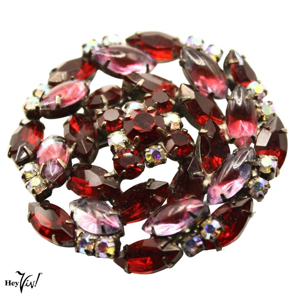 Vintage Red Pink Rhinestone Brooch Pin 2.25" Round Statement Cluster - Hey Viv